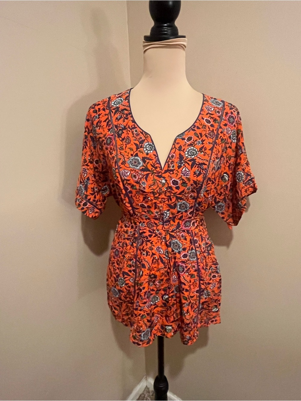 Anthropologie Maeve Coral Floral Blouse Ladder Lace, Waist Tie Back, XS